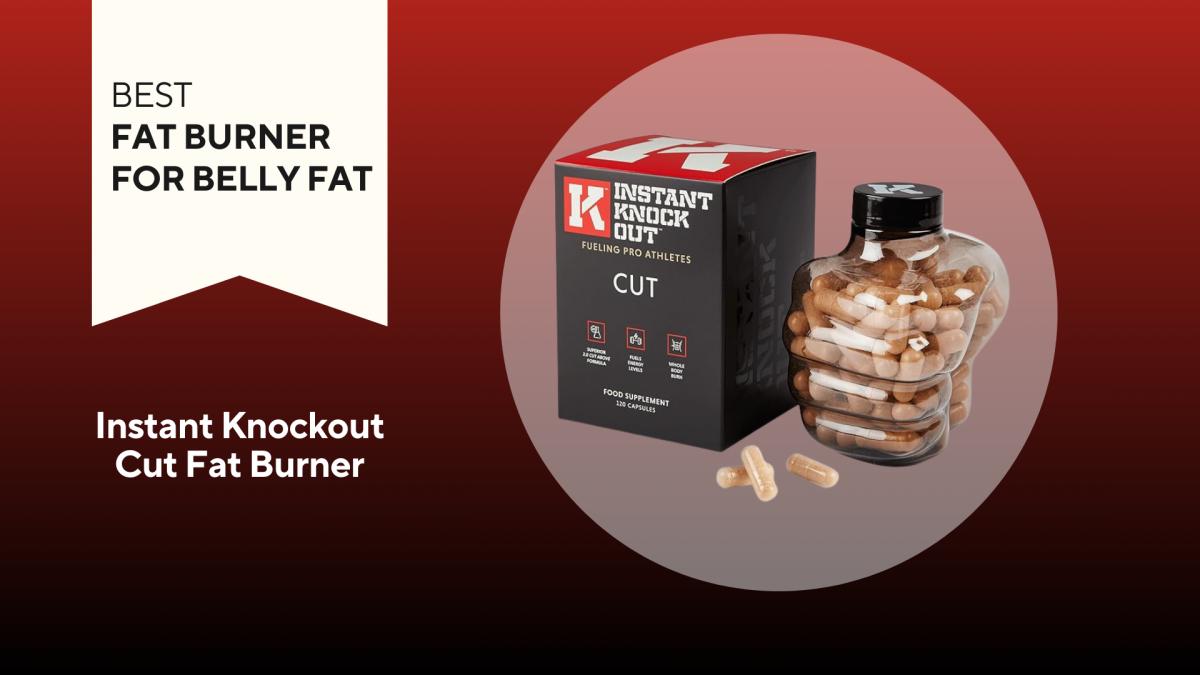 Red and black background with a white banner that reads Best Fat Burner for Belly Fat next to a photo of Instant Knockout Cut Fat burner